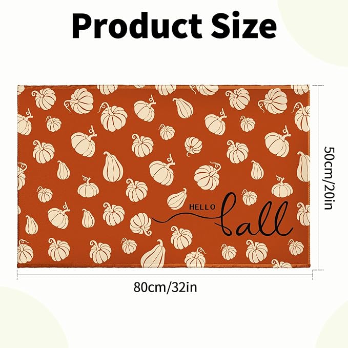 Hello Fall Bathroom Rug for Bathtub Shower Room Orange Autumn Pumpkins Bathroom Mats Thanksgiving Decorative Non-Slip Absorbent Bath Rugs 32"x20" for Dooway Kitchen Sink Bedside