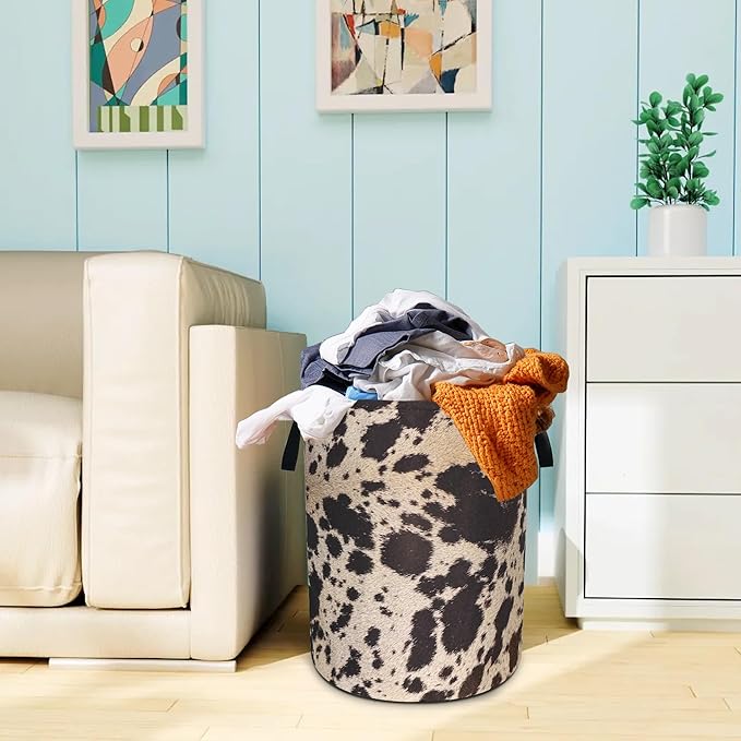 Cow Brown Skin Print Laundry Basket Animals Oxford Cloth Laundry Hamper With Handle Foldable Portable Clothes Storage Basket 18.9 X 16.5 Inch Storage Bag For Laundry Room/Bathroom/Bedroom/Dormitories