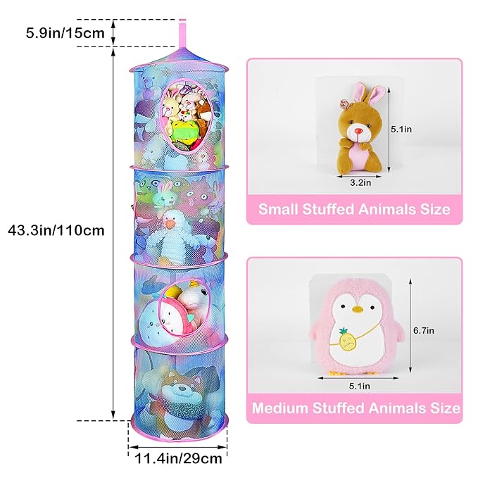 Basumee Stuffed Animals Net or Hammock 2 Pcs Stuffed Animals Storage Toy Net Hammock for Plushies Storage Organizer Mesh Kids Girls Room Decor, Blue Teal, 4 Tiers