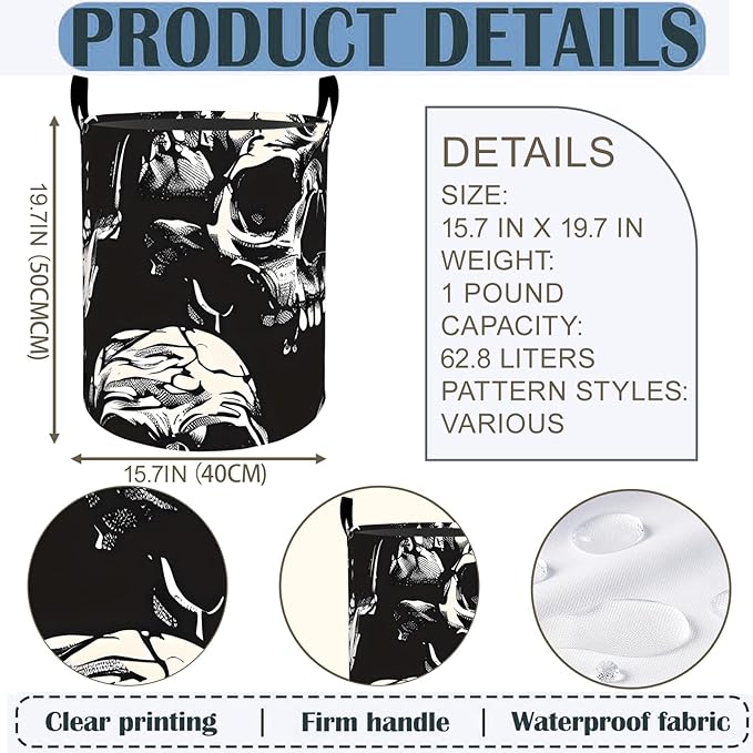Skull Laundry Basket Hamper 19.7"x15.8", Gothic Horror Foldable Waterproof Oxford Clothes Storage Bucket for Room Bathroom Bedroom Nursery Decor, Toy Organizer Bins Gifts for Kids Boys Girls