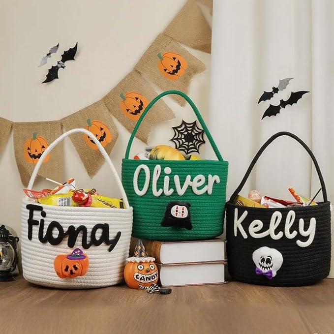 Personalized Halloween Candy Bucket, Custom Baby Name Trick or Treat Baskets Customized Monogrammed Cotton Tote Basket Toys Storage Basket Gifts for Boys Girls Halloween