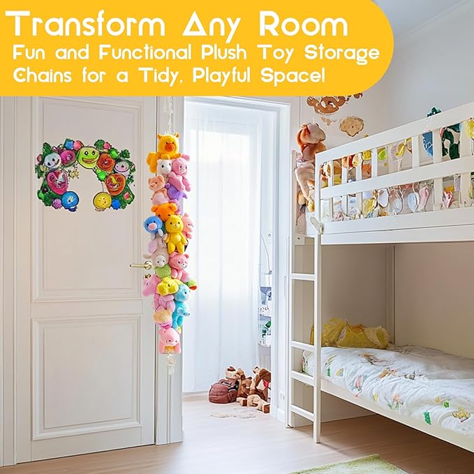 2PCS Hanging Stuffed Animals Storage Chain - Stuffed Animal Chain Organizer with 40 Metal Clips,80 Inch Display Holder Chain for Wall or Corner Decor,Hanging Hats,Socks,Holiday Cards