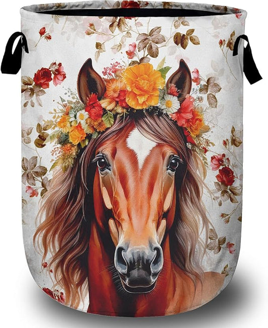 Watercolor Horse Laundry Basket, Foldable Waterproof Animals Floral Laundry Hamper Tote Bag Dirty Clothes Storage Bucket Toy Organizer for Bathroom/Laundry/Bedroom 15.7"x19.6"