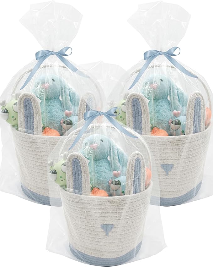 3 Pack Large Woven Easter Baskets for Boys & Kids - Empty Basket with Gift Bags and Ribbons Cute Easter Decorations Bunny Ears Designs Blue