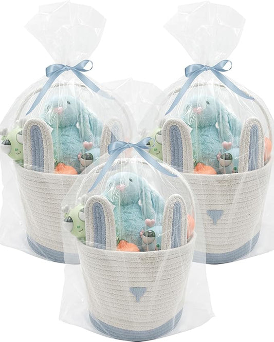 3 Pack Large Woven Easter Baskets for Boys & Kids - Empty Basket with Gift Bags and Ribbons Cute Easter Decorations Bunny Ears Designs Blue