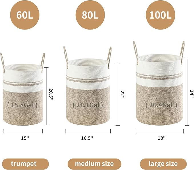 Woven Laundry Hamper Tall Rope Storage Basket for Blanket toys Dirty Clothes in Living Room Bathroom Bedroom (Brown&White, 60L/15.8Gal)