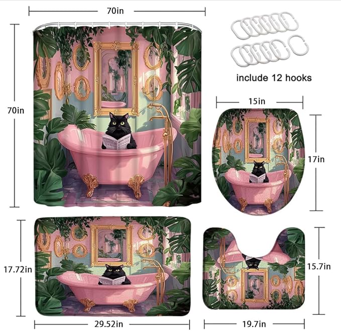 4pcs Funny Cat Shower Curtain Sets with Bath Mat Toilet Lid Cover U Shape Rug Boho Cute Black Kitten in Bathtub Tropical Green Plant Leaves Pink Cute Cartoon Animal Pink Bathroom Set 18"x30"