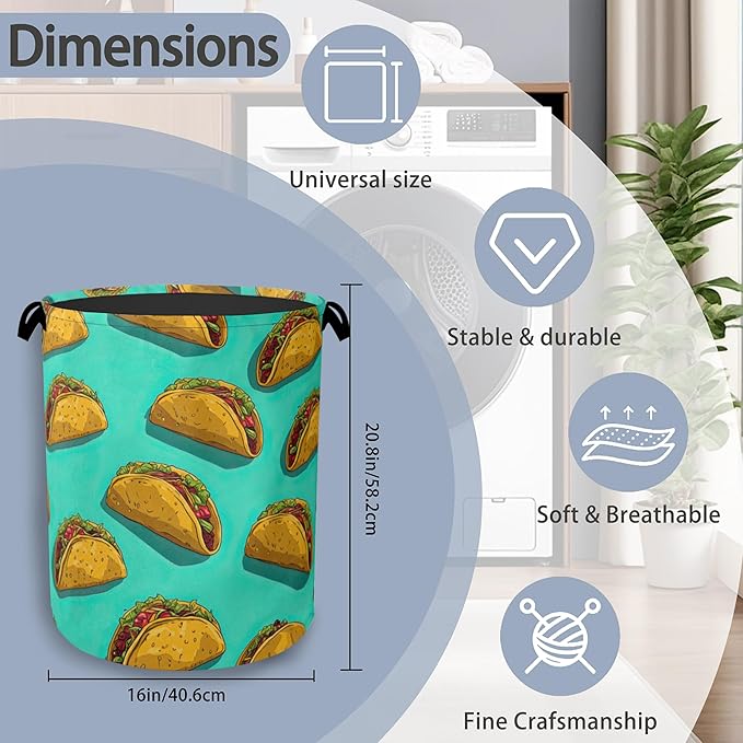 Mexican Taco Laundry Hamper,Dirty Clothes Laundry Basket with Handles Waterproof Oxford Cloth Storage Basket for College Dorms Bathroom Bedroom 16" x 20.8"