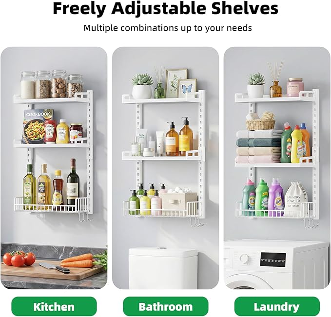 3 Tier Bathroom Shelves Over Toilet - Wall Mounted Floating Shelves with Drain Basket, Toilet Paper Storage, Height Adjustable Over The Toilet Storage, Pure White