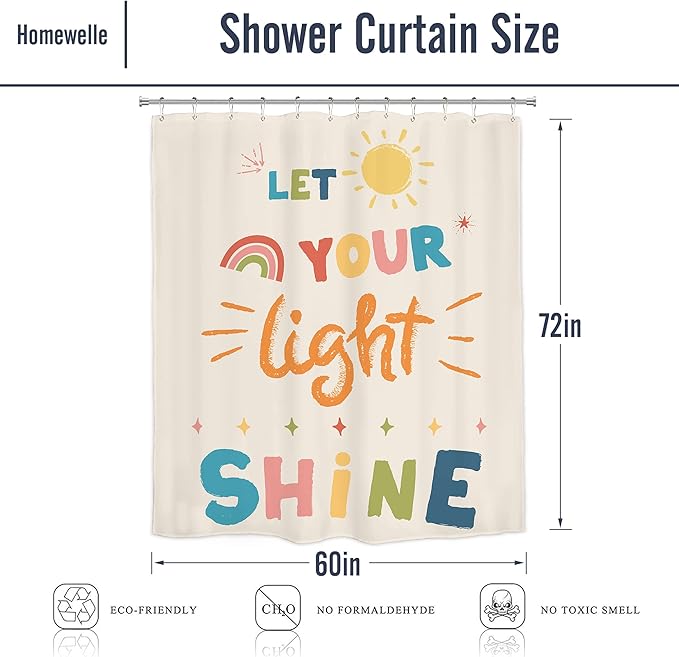 Homewelle Kids Quotes Shower Curtain Set Inspirational Cartoon Colorful Let You Light Shine Classical 60Wx72H Inch English Letter Sun Simple for Child Waterproof Polyester Fabric Bathroom Bathtub