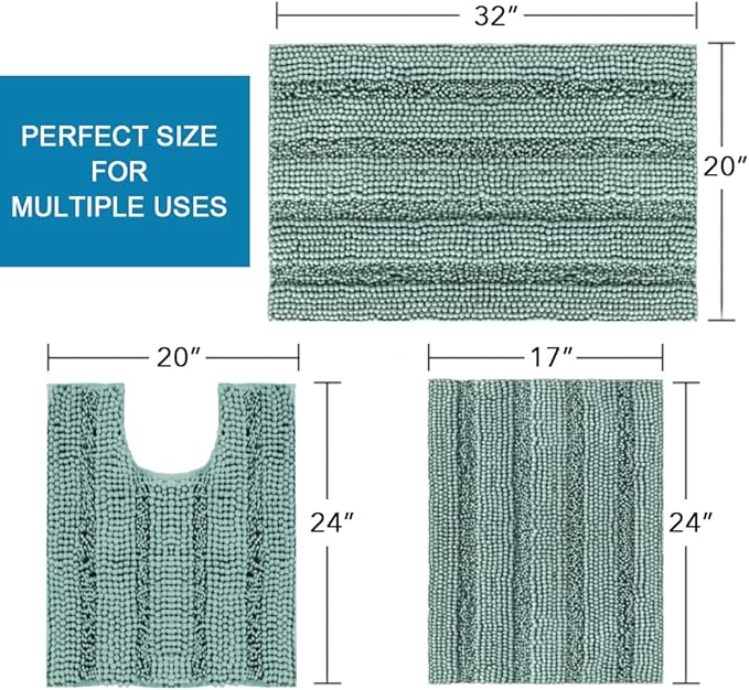 H.VERSAILTEX 3 Piece Bathroom Rugs Sets Thick Striped Bath Rugs Set for Bathroom Non Slip Soft Absorbent Bath Mat Set for Tub, Shower and Toilet(17''x24''+20''x32''+20''x24'' U-Shaped, Eggshell Blue)