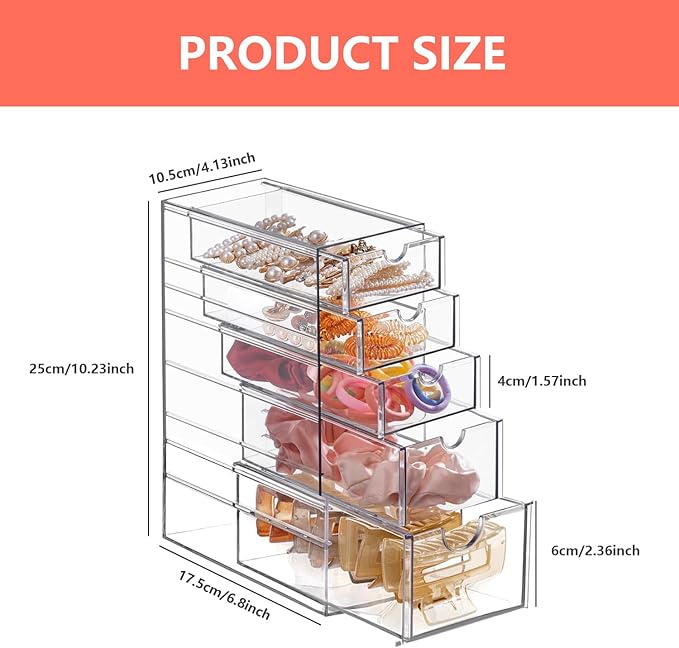 Clear Hair Accessories Storage Drawer Hair Tie Storage Organizer Acrylic Makeup Organizer Jewelry Organizer Scrunchie Holder with 5 Drawers for Bathroom Closet Desk Office Vanity, Undersink