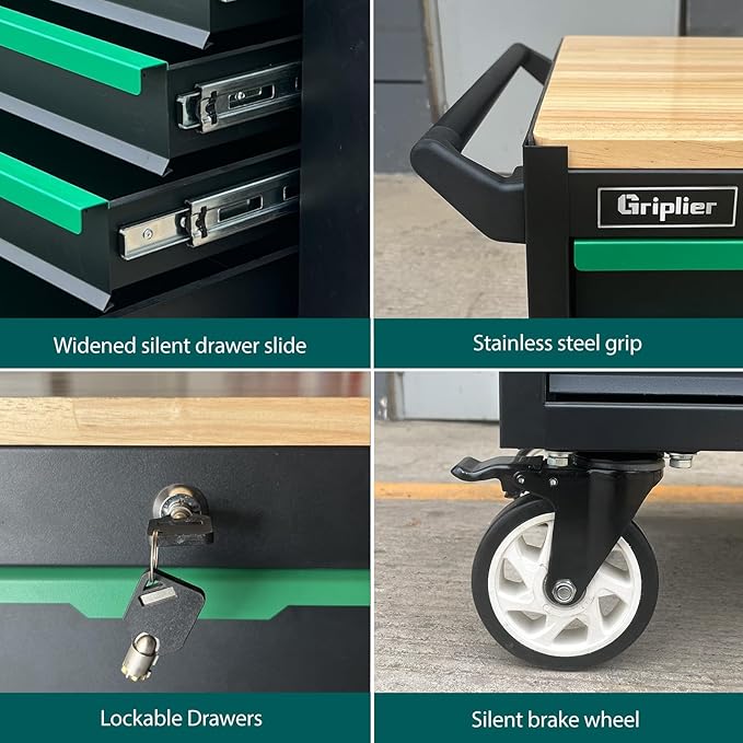 7-Drawers Professional Tool Cart Cabinet,Rolling Tool Chest with Double Shelves,Wood Workbench,51.1W x 18.9D x 32.3H inches for Garage, Workshop, or Outdoor Use(7 Drawers + 258 Pieces Tool)
