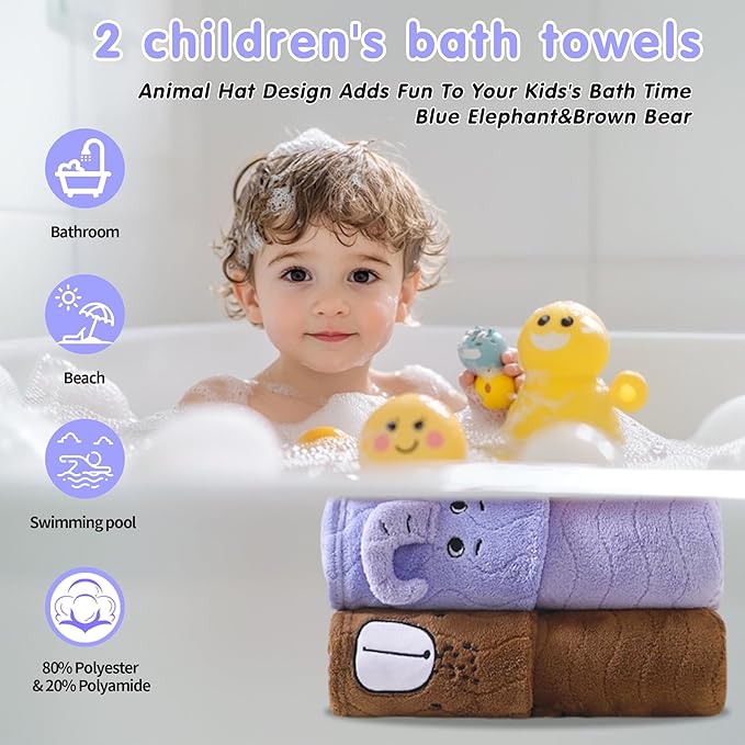 Hooded Towel for Kids, 2 Pack Coral Fleece Kids Bath Towels, Soft and Absorbent Toddler Towels with Hood Age 0-12 Years for Toddler, Infant, Kids - Large 27.5 X 55 inch (Blue Elephant&Brown Bear)
