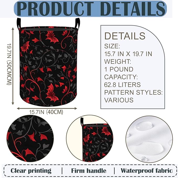 Gothic Bat Laundry Basket Hamper 19.7"x15.8", Goth Foldable Waterproof Oxford Clothes Storage Bucket for Room Bathroom Bedroom Nursery Decor, Toy Organizer Bins Gifts for Kids Boys Girls