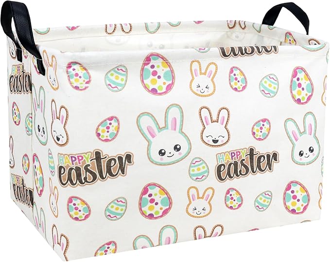 Kid Large Empty Easter Basket Personalized Fabric Bunny Easter Basket for Boy and Girl (Happy Rabbit Easter Egg)