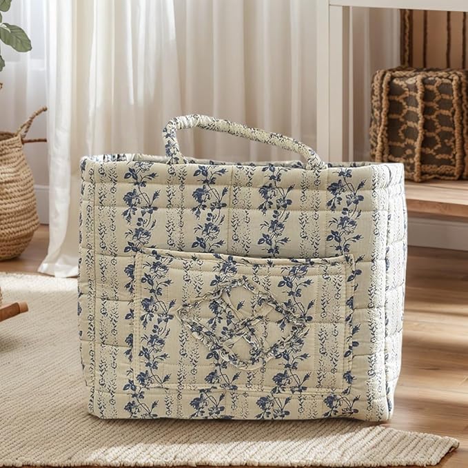 JQWYGB Foldable Laundry Basket Boho Bear Storage Basket Floral Quilted Fabric Car Storage Basket Handles Large Laundry Baskets for Clothes and Dolls