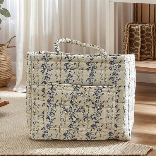 JQWYGB Foldable Laundry Basket Boho Bear Storage Basket Floral Quilted Fabric Car Storage Basket Handles Large Laundry Baskets for Clothes and Dolls