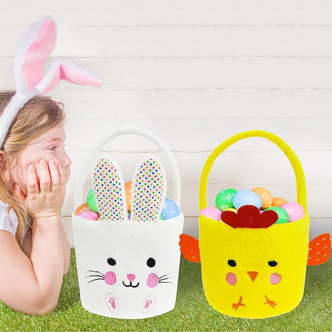 DearSun 2 Pcs Easter Basket Bunny & Chick Plush Baskets, Easter Egg Hunting Basket for Kids Gifts Party Decoration Supplies, Dia 8" * H 15.7"