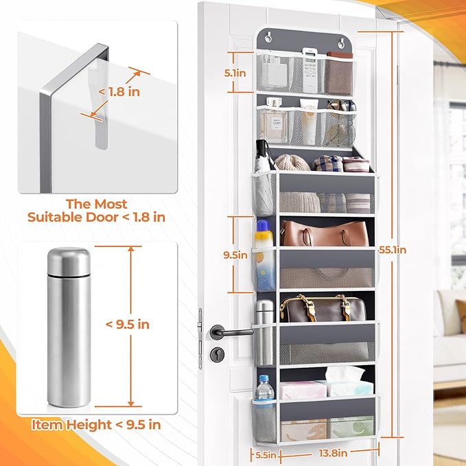 6-Tier Over The Door Organizer with Mesh Pockets, Baby Nursery Storage for Closet, Bathroom and Bedroom, Adjustable Hanging Closet Organizer for Cosmetics, Books and Essentials（Dark Grey）