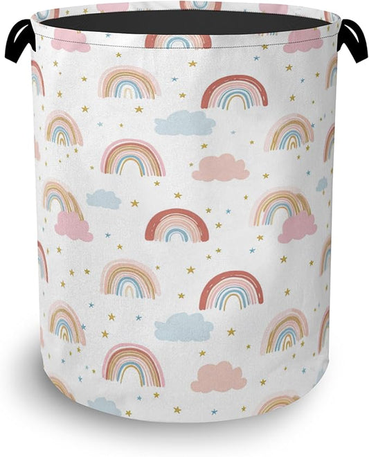Rainbow Laundry Hamper,Stars Dirty Clothes Laundry Basket with Handles Waterproof Oxford Cloth Storage Basket for College Dorms Bathroom Bedroom 16" x 20.8"