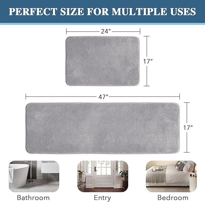 H.VERSAILTEX Kitchen Mat 2 PCS Non Slip Memory Foam Flannel Velvety Kitchen Runner Rug Set for Floor Standing Rugs (47" x 17" + 24" x 17", Grey)
