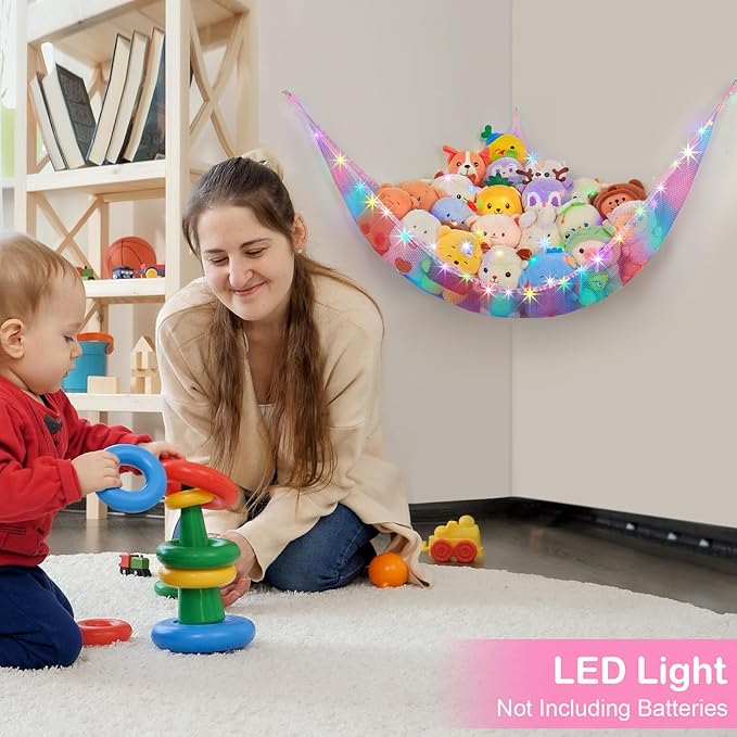Basumee Stuffed Animals Net or Hammock with LED Light Hanging Toy Net Hammock for Stuffed Animals Storage Stuff Animals Hammocks for Nursery Room with Remote Control, 8 Kinds of Lights(Pack of 1)