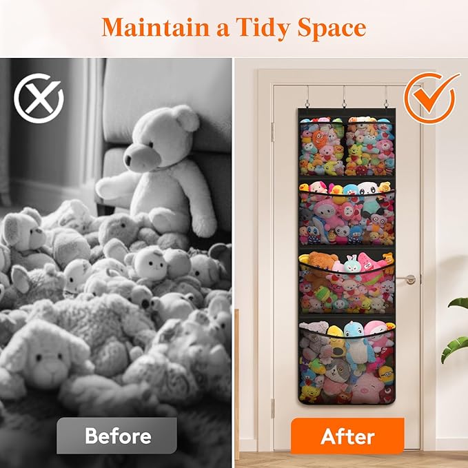 Lifewit Stuffed Animal Storage, Over the Door Organizer with 5 Expandable Mesh Pockets, Breathable Oxford Fabric Hanging Kid Baby Plush Toy Holder for Nursery, 167 cm (65.8'') High, Black, 1 Pack