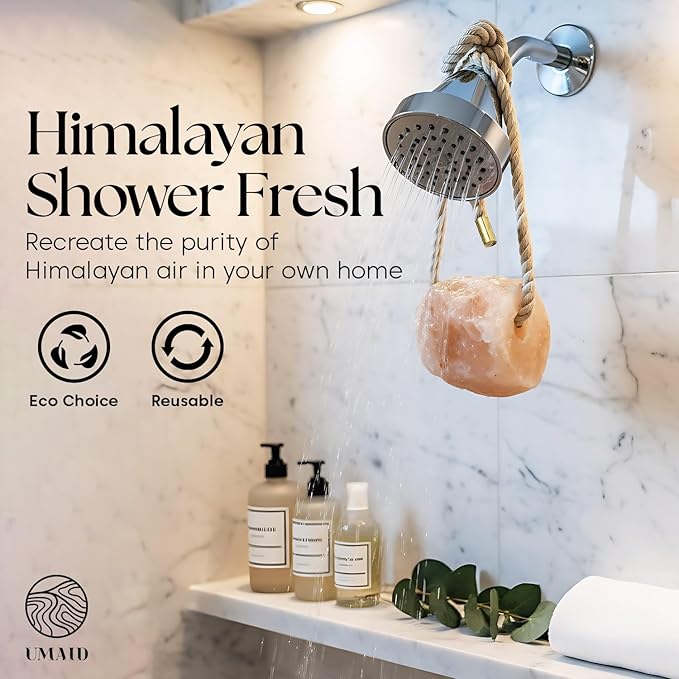 UMAID Himalayan Bath Salt Buddy™ 4 lb – Hanging Mineral Salt Rock for Shower & Bath, Solid Pink Himalayan Stone for Natural Steam, Relaxation & Spa-Like Self-Care, Unique Gift for Men & Women