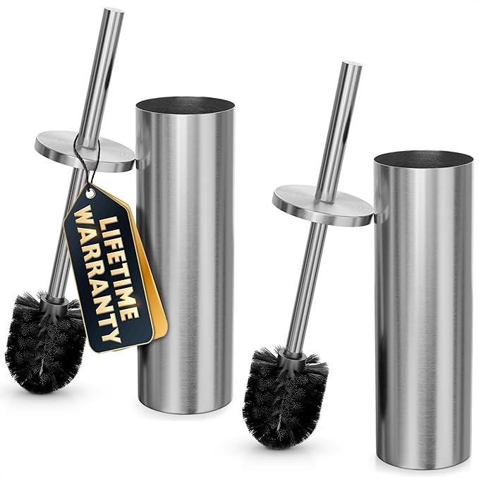 2 Pcs Stylish Stainless Steel Toilet Brush and Holder Set - Silver Toilet Bowl Brush and Holder with Splash Cover, Sturdy Bristles, Corrosion & Scratch Resistant - Elegant Design, Effective Cleaning