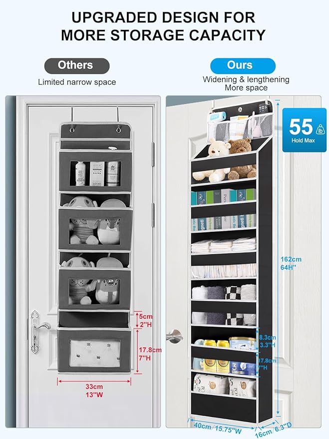 Over the Door Storage Hanging, 6 Tier Behind Door Organizer for Bedroom Nursery Closet to Store Diapers/Toys/Shoes/Sundries/Stuffed Animals/Bags, 1 Pack, Black