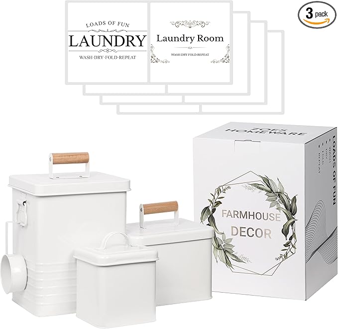 3-Set Laundry Room Organization and Storage | Modern Farmhouse Laundry Room Decor | Laundry Container for Organizing Laundry Pods, Laundry Powder, Dryer Sheets, Dryer Balls, Cream White