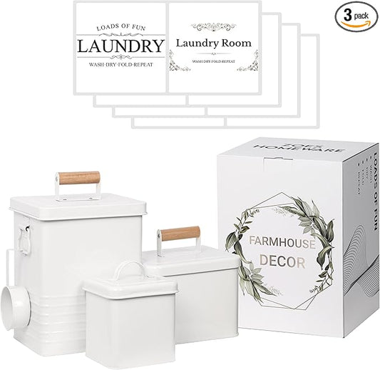 3-Set Laundry Room Organization and Storage | Modern Farmhouse Laundry Room Decor | Laundry Container for Organizing Laundry Pods, Laundry Powder, Dryer Sheets, Dryer Balls, Cream White