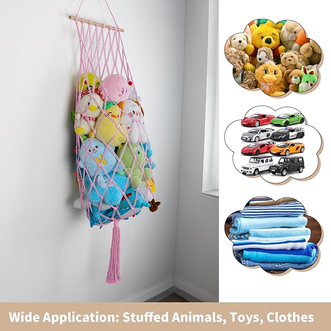 68 Inch Stuffed Animal Storage, Jumbo Macrame Stuffed Animal Hammock Corner, Wall Ceiling Hanging Stuffy Toy Hammock Plushie Net Display for Kids Boys Girls Nursery Decor (Pink)