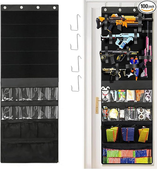 Over Door Toy Blaster Organizer for Nerf Guns, Rival, Elite & Mega - Hanging Wall Large Capacity Mesh Holder for Darts, Bullets, Goggles & Tactical Gear Bedroo, Game Room Battle Station Accessory