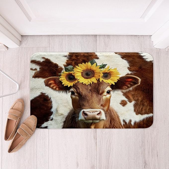 Highland Cow Bath Mat Cattle Bull Non Slip Absorbent Bath Rugs Brown Cow Print Bathroom Rug Carpet Sunflower Printed Bathroom Accessories Wild Animal Home Decor for Kids Toddler Bedroom Decorations