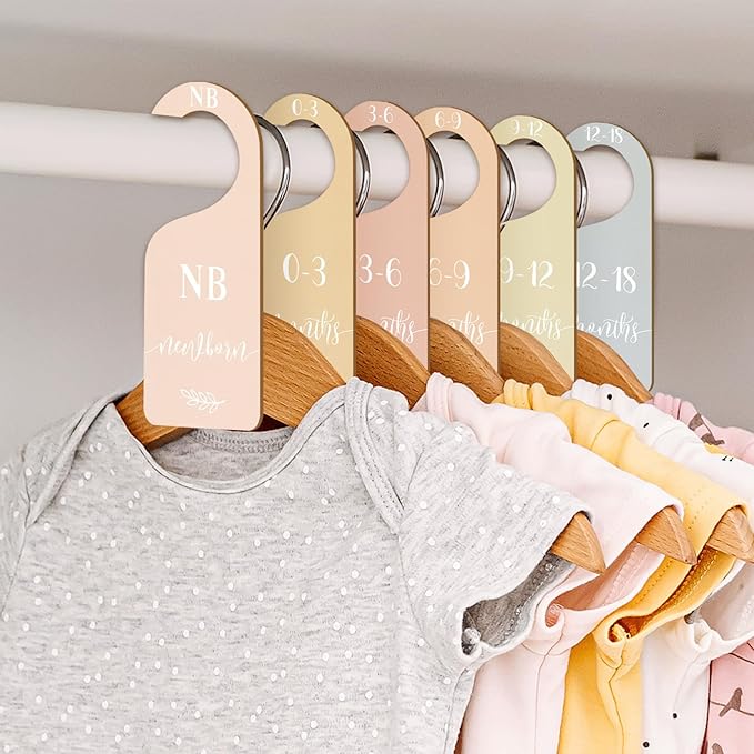 Whaline 7Pcs Boho Wood Baby Closet Size Dividers With Yellow Velvet Bag Newborn to 24 Month Thicken Infant Wardrobe Hanger Organizers for Home Nursery Party Supplies