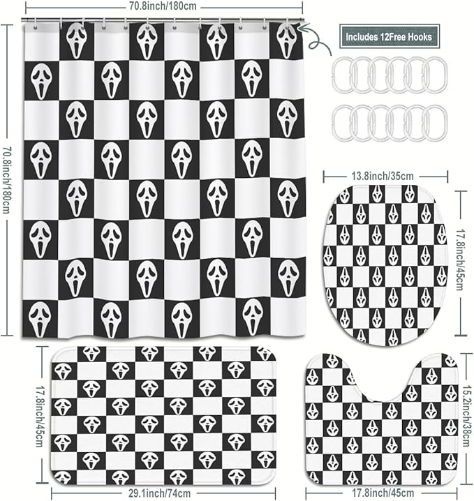 Horror Face Bathroom Set, 4-Piece with Shower Curtain 71x71, Bath Mat, Contour Rug, Toilet Lid Cover, Black and White Checkerboard Pattern