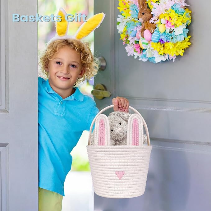 Easter Basket for kids Empty Bunny Egg Baskets With Handle And Ears Easter Gifts Cute Woven Basket (pink)