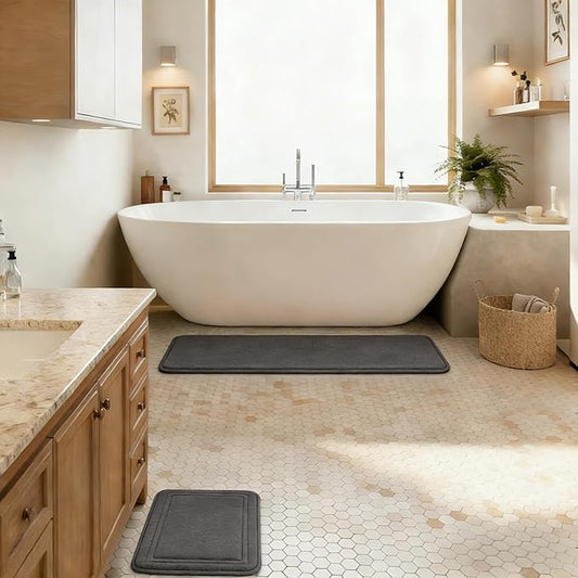 Grey Bathroom Rug Set of 2 Memory Foam Bath Mat Runner Set Non Slip Washable Floor Mats Soft Absorbent Plush Microfiber Shower Tub Bathmat Gray
