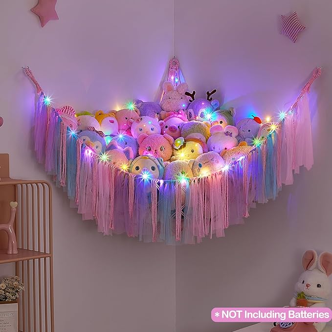 FIOBEE Stuffed Animals Net or Hammock with LED Light, Toy Hammock Hanging Stuffed Animals Storage Organizer Holder Room Décor for Nursery Kids Bedroom