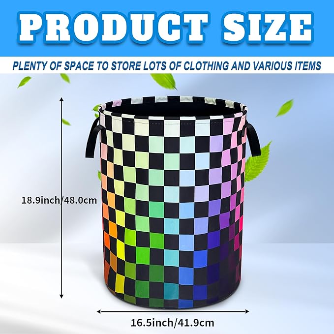 Checkered Rainbow Laundry Basket Oxford Cloth Colorful Squares Laundry Hamper With Handle Foldable Portable Clothes Storage Basket 18.9 X 16.5 In Storage Bag For Laundry Room/Bathroom/Bedroom