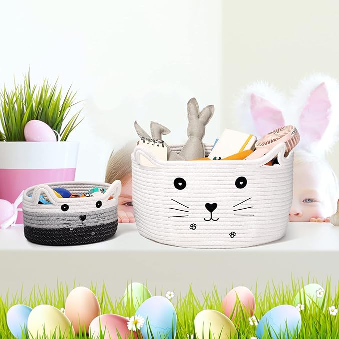 Zopeal Cat Basket Storage Woven Organizer with Ears Christmas Decorative Pet Toy Cute Cotton Rope Basket for Gift Cat Dog Toy Bin Nursery Room(13.7 x 7.8 Inch,White)