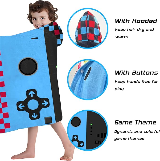 Hooded Towels for Kids -Toddler Beach Towel- Super Absorbent & Quick Dry 100% Cotton 35x60 Inch - to Kid Ages 3-12-Video Game/Gaming Pattern Design