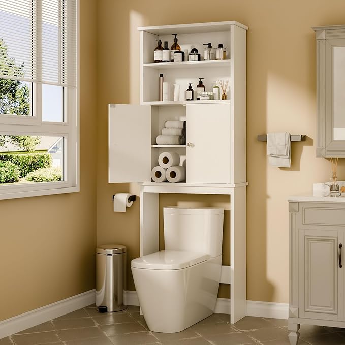 Walsunny Over The Toilet Storage Cabinet, Bathroom Organizer with Open Shelves and Double Doors, Space Saving Toilet Storage