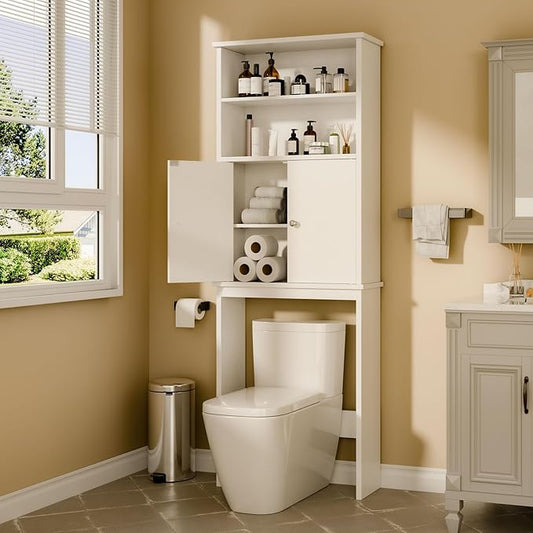 Walsunny Over The Toilet Storage Cabinet, Bathroom Organizer with Open Shelves and Double Doors, Space Saving Toilet Storage