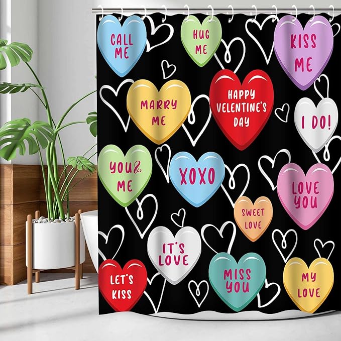 Happy Valentine Day Cute 72x72 Shower Curtain for Girls Love Me Kiss Me Red Black Love Hearts Romantic Shower Curtain Set Decor Bathroom Accessories Fabric Polyester Kid Bath Curtain with Hooks