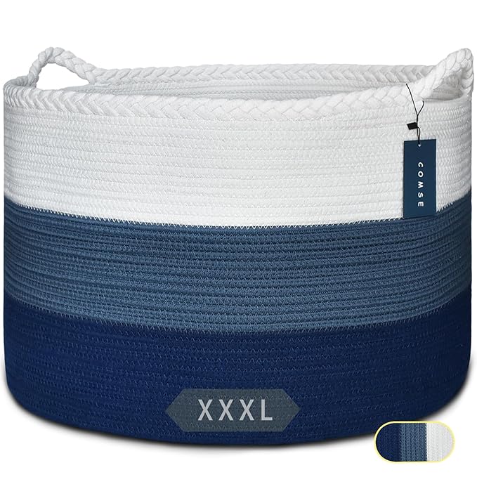 COMSE Extra Large Blanket Basket, Woven Laundry Basket, 21.7”x 13.8”, Nursery Hamper, Cotton Rope Laundry Hamper Living Room for Storage Toys Clothes Towels (White & Cadet Blue & Navy Blue)