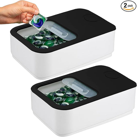 Skywin-2 Pack Laundry Pods Container with Slide Lid (Black),Laundry Pod Holder 15x8.7x4.5 In,Holds 11 Pounds, Fits 2 Bottles of Detergent,120-150 Pods,Laundry Pod Container, Dishwasher Pods Container