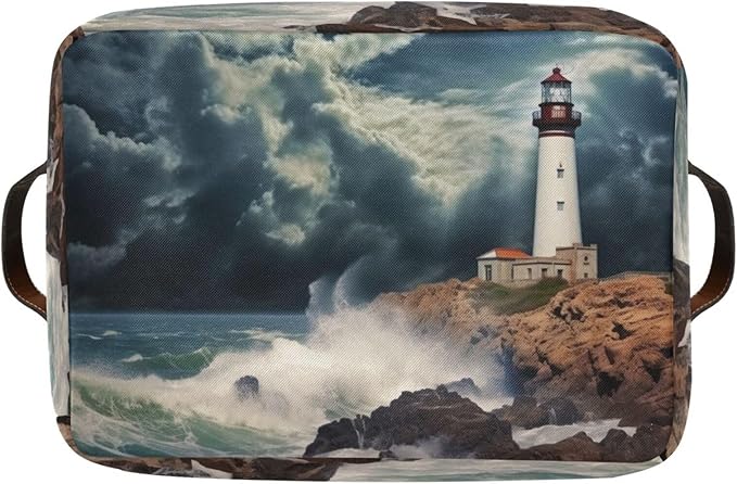 YETTASBIN Lighthouse Storage Basket 1pc, Large Collapsible Toys Clothes Organizer, Durable Canvas Storage Bin with Handle for Shelves Closet Laundry Home Office Decor